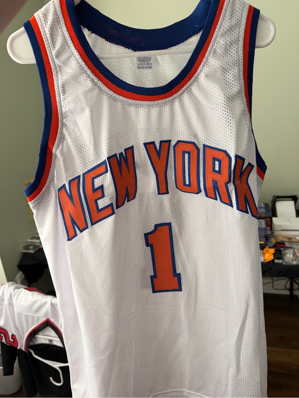 White New York Basketball Jersey with Blue and Orange Trim - #1